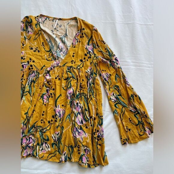 Free People Women's Bella Golden Yellow Floral Tunic V Neck Mini Dress Size XS - Picture 4 of 7